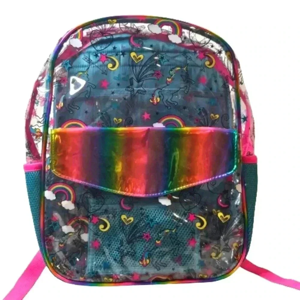Rainbows and Unicorns Kids Clear Double Zip Bookbag with Mesh Side Pockets